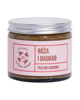 Regenererende scrub van rozen en baobab met rietsuiker om de bloedsomloop te stimuleren Mydlarnia Cztery Szpaki