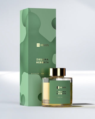 Geurverspreider in een glazen fles met natuurlijke rattan stokjes met een aroma van groene thee, HiSkin - 1