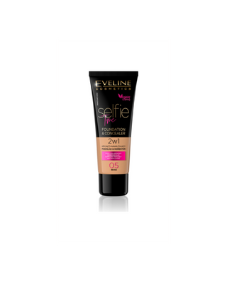 Dekkende en hydraterende 2-in-1 foundation en concealer Nr. 05 beige Selfie Time Eveline