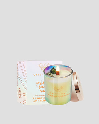 Sojawaskaars met regenboogfluoriet en roze champagne in een glazen houder Crystallove_3 - 3
