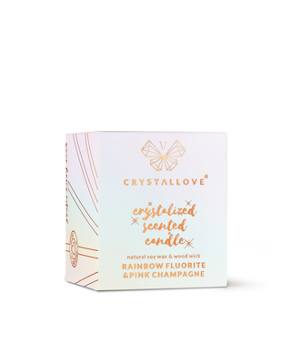 Sojakaars met regenboogfluoriet en roze champagne in een glazen bakje van Crystallove - 3