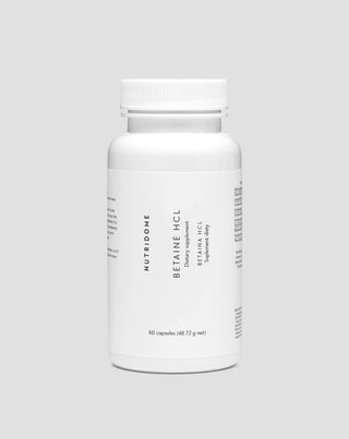 Betaïne HCl 475 mg ter ondersteuning van de spijsvertering, een opgeblazen gevoel, een zwaar gevoel en een lage maagzuurgraad Nutridome 60 capsules
