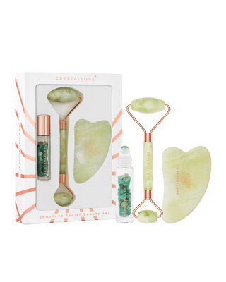 Gezichtsroller + Gua Sha-plaat + roll-on flesje Jade beauty set van Crystallove