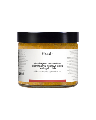 Peeling voor het lichaam met zeezout en oliën met een geur van sinaasappel en mandarijn, Iossi