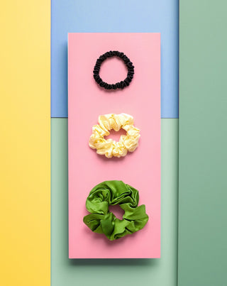 Set haarelastiekjes van 100% natuurlijke zijde - groen, crème, zwart Twisty 3 stuks. - 3