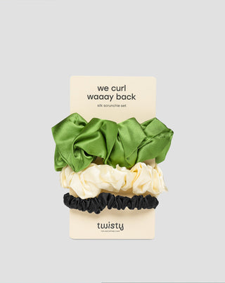 Set haarelastiekjes van 100% natuurlijke zijde - groen, crème, zwart Twisty 3 stuks. - 1