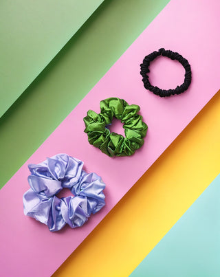 Set 100% natuurlijke zijden haarelastiekjes - paars, groen, zwart Twisty 3 stuks. - 3