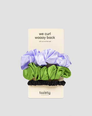 Set 100% natuurlijke zijden haarelastiekjes - paars, groen, zwart Twisty 3 stuks. - 1