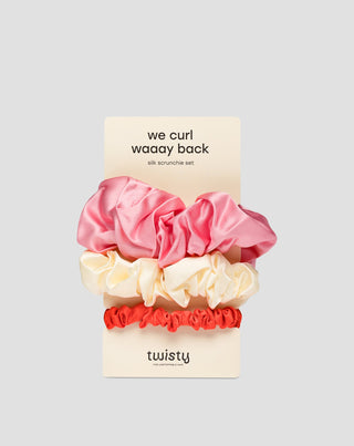 Set haarelastiekjes van 100% natuurlijke zijde - roze, crème, rood Twisty 3 stuks. - 1