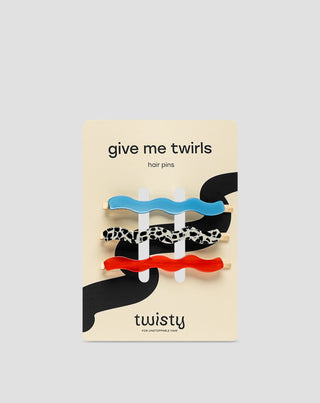 Set golvende haarspelden gemarmerd, blauw, rood Twisty 3 stuks. - 1